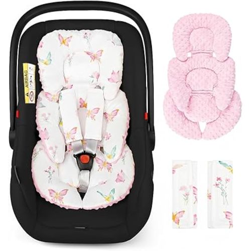 Infant Car Seat Insert for Newborn Girls Boys, Reversible Baby Carseat Head Support with Strap Pads, Soft Baby Car Seat Insert Cushion Pad for Stroller, Bouncer, Swing, High Chair, Pink Butterfly