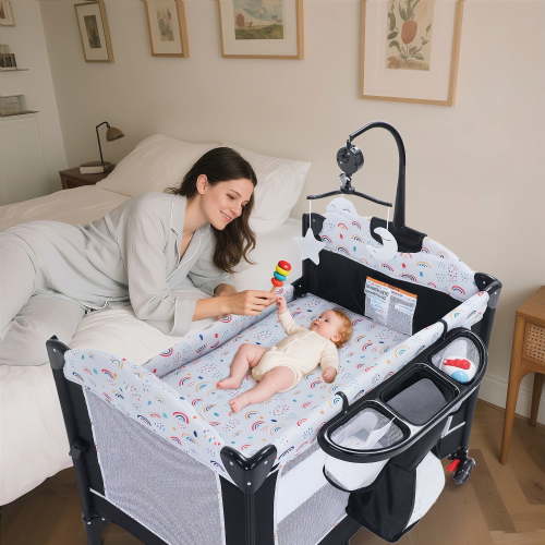AILEEKISS 4-in-1 Portable Baby Play Yard with Changing Table for Newborn, Multicolor