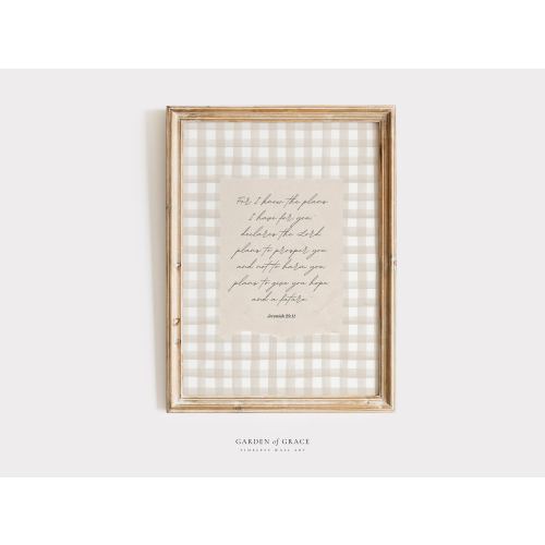 Jeremiah 29:11 - For I Know Nursery Wall Art | Christian Neutral Kid's Room Decor | Gingham Bible Verse Print | Scripture Farmhouse Decor