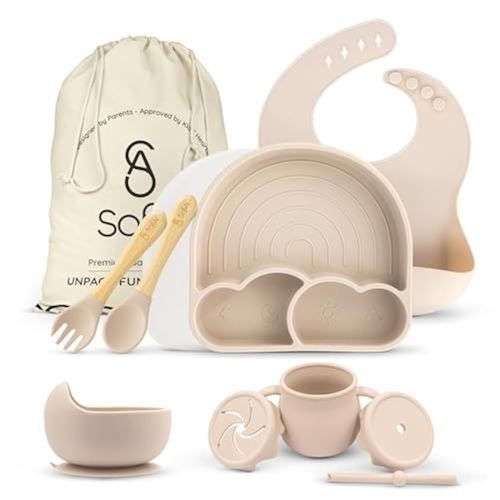 All In One Silicone Feeding Set - Safe for 6-12 Months - Non-Toxic Baby Led Weaning Supplies - Toddler Self Feeding Utensils - BPA-Free - Mess Free Essentials