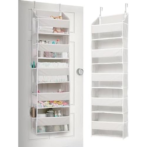 ULG 1-Pack Over Door Organizer with 5 Large Pockets 10 Mesh Side Pockets, 44 lbs Weight Capacity Hanging Storage Organizer with Clear Window for Bedroom Bathroom Kitchen, RV, Camper, Beige
