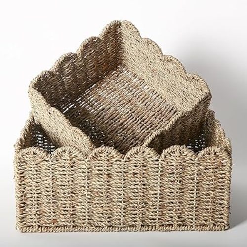 Scalloped Edge Basket, Wicker Storage Baskets, Hand Woven Baskets for Shelves,Natural Baskets for Organizing (Seagrass(S+M))