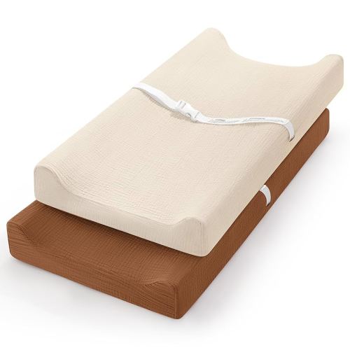 Pro Goleem Muslin Changing Pad Cover for Boys and Girls, Soft Breathable Fitted Cotton Diaper Changing Table Pad Sheets, Neutral, 2 Pack (Brown＆Beige)