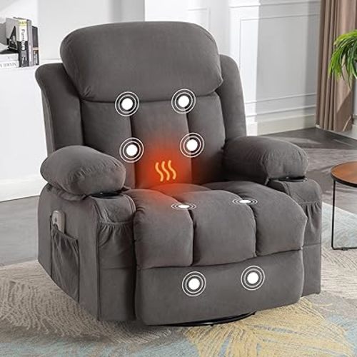 Massage Recliner Chair, Swivel and Rocking Recliner with Heat and Vibration, Breathable Fabric Ergonomic Single Sofa Chair for Living Room with Cup Holders, Side Pockets and USB (Grey)