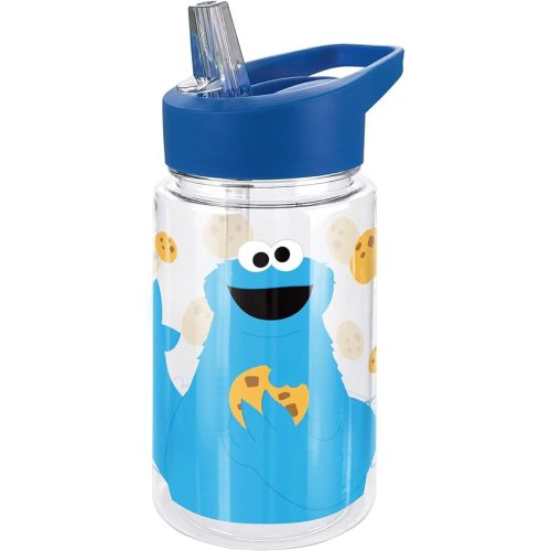 LOGOVISION Sesame Street Kids Tritan Plastic Water Bottle with Straw Lid and Handle, Reusable Tumbler, Unisex for Girls and Boys, 12oz, Big Cookie Monster