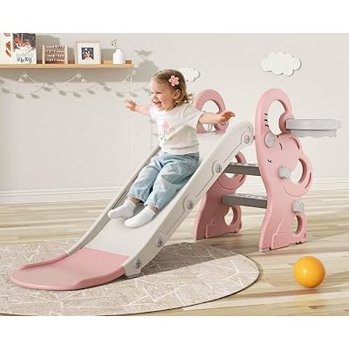 Babytronic Toddler Slide, Kids Indoor Outdoor Playset with Basketball Hoop & Ring Toss, Foldable Baby Plastic Slide, Outdoor Playground Climber Slide (Pink&White)
