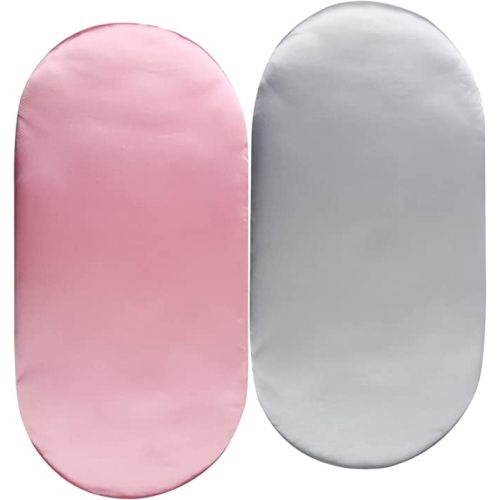 Satin Bassinet Sheet Set 2 Pack Ultra Soft Silk Fit for Rectangle, Hourglass, Oval Bassinet Mattress Protect for Baby Hair and Skin Cradle or Bassinet Sheets, Lt Grey & Pink | Protect for Baby Hair and Skin, Ultra Soft, Bassinet Mattress