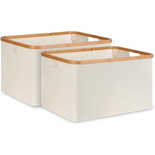 Storage Baskets for Organizing, Fabric Storage Baskets with Bamboo Handles, Collapsible Storage Baskets for Shelves and Closet, Jumbo, Beige Set of 2