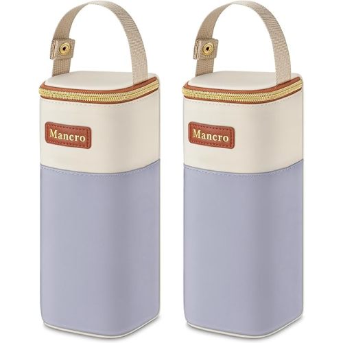 Mancro 2pack Insulated Baby Bottle Bags, Fits Baby Bottles up to 12 Oz Breastmilk Cooler Bag with Button Handle, Portable Baby Bottle Cooler Bag for Nursing Mom Daycare, Beige