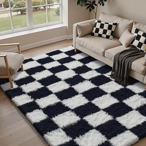 Checkered Rug 5x8 for Living Room, Black and White Modern Shag Rug Super Soft Washable Indoor Fuzzy Carpet Non-Slip Fluffy Rugs for Bedroom Home Aesthetic Decor