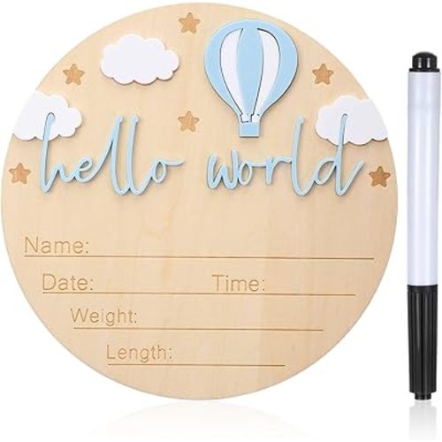 Hello World Newborn Sign - 6 Inch Wooden Baby Announcement Sign for Hospital Photos, Gender Reveal Party, Baby Shower | Keepsake with Pen, Hot Air Balloon & Clouds Design (Blue)
