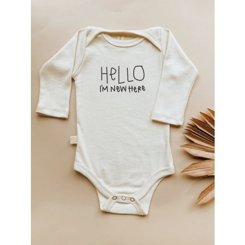 Hello I'm New Here Organic Cotton Baby Bodysuit Long Sleeve – August + Willow
