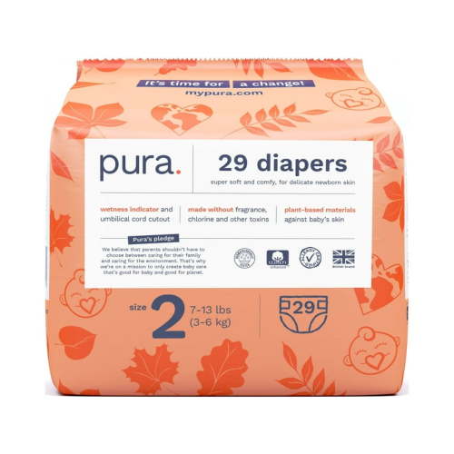 Pura Sustainable Totally Chlorine Free (TCF) Diapers Size 2, 29 Count (Choose Your Size and Count)