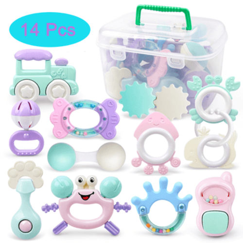 GYDEK Baby Rattle Sets, 14Pcs Teether Toys with Storage Box for Babies 0-6-12 Months, Infant Toys for Girl and Boy, Newborn Gifts