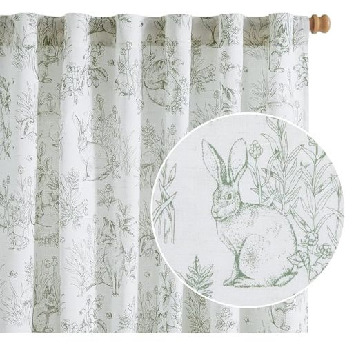 jinchan Linen Nursery Curtains 90 inch Long Woodland Wildlife Sage Green Print Drapes for Kid's Room Light Filtering French Country Farmhouse Curtains with Bunny and Forest Design Set of 2 Panels