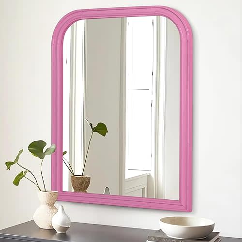 Rectangle Bathroom Mirror Wall Mirror Hangings Farmhouse Wooden Frame Bathroom Vanity Framed High Definition Rustic Mirror 26x18 inch Pink Mirror for Bathroom Bedroom Entryway