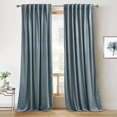 RYB HOME Blue Velvet Curtains 84 inches- Blackout Curtains for Living Room, Thermal Insulated Noise Reducing Panels Soft Luxury Window Decor for Bedroom, Stone Blue, W52 x L84 inches, 2 Panels