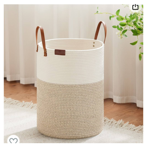Amazon.com: VIPOSCO Tall Laundry Basket, Large Dirty Clothes Hamper with Leather Handle, Woven Rope Storage Basket for Blanket, Toy In Living Room, Bathroom, Bedroom - 58L White & Brown : Home & Kitchen