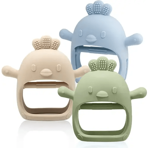 3 Packs Baby Teething Toy Silicone Teething Mitten for Babies Over 3 Months Anti Dropping Wrist Hand Teethers Baby Chew Toys for Sucking Needs, BPA Free (Olive, Caramel & Blue)