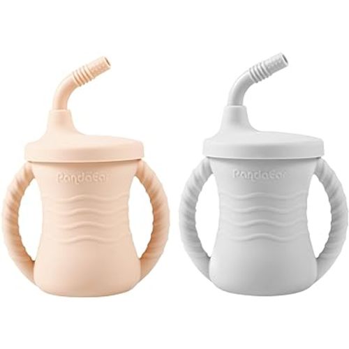 PandaEar Silicone Training Cup, 2 Pack Baby Drinking Sippy Cups with Handles & Straw for Baby and Toddler 6 Months+ (Pink&Grey)