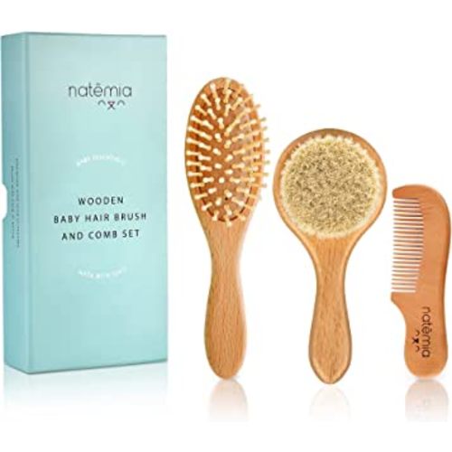 Natemia Wooden Baby Hair Brush Set - Gentle Natural Soft Bristles for Newborns & Toddlers - Ideal for Cradle Cap Care - Perfect Baby Registry Gift