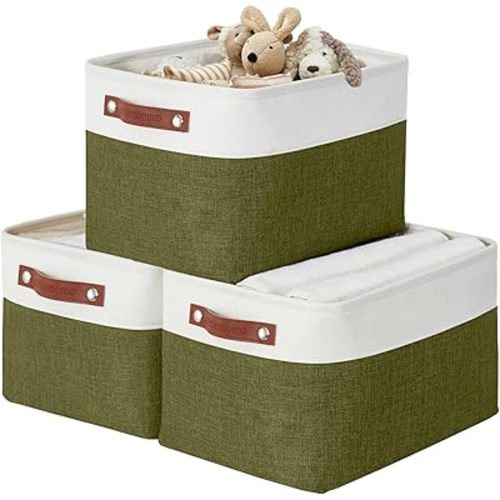 DECOMOMO Storage Bins Fabric Storage Baskets for Shelves, Linen Closet Organization Toys Nursery (Olive Green and White, Large - 3 Pack)