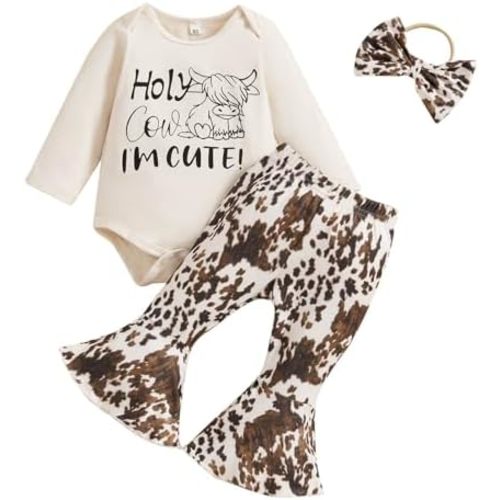 TheFound Infant Baby Girl Clothes Newborn Ruffle Long Sleeve Ribbed Romper Print Bell Bottom Toddler Baby Fall Winter Outfit