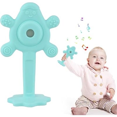 Chuya Baby Rattle Teether Blue,2 in 1 Infant Chew Teething Toys Rattles for Babies 0-24 Months
