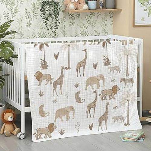 Safari Animal Muslin Blanket 47 x 47 Inch Warm Soft Cotton Muslin Swaddle Blanket Nursery Swaddling Wrap Quilt for Bedding Gift, Cold Weather, Jungle Theme Nursery Decor