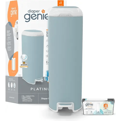Diaper Genie Platinum Pail (Glacial Blue) is Made in Durable Stainless Steel and Includes 1 Easy Roll Refill with 18 Bags That can Last up to 5 Months.