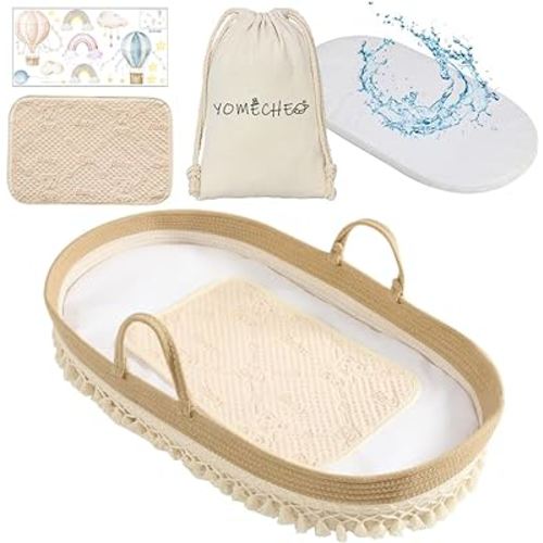 Baby Changing Basket, Diaper Changing Basket for Baby, Changing Basket for Baby Dresser, Moses Basket for Babies with Extra Foam Cushion, Waterproof Changing Mat, Storage Bag & Stickers