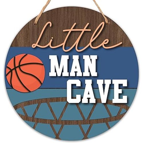 Little Man Cave Sign for Boys, Baby Boy Nursery Decor, Basketball Wall Decor for Toddler Kids Room, 10x10 Inch Wooden Round Door Hanger-D02