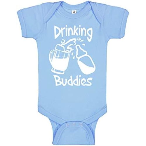 Reaxion Funny Cute Baby Boy Girl Drinking Humor Bodysuits | Mommy Daddy Drinking Buddies With Bottle Mug