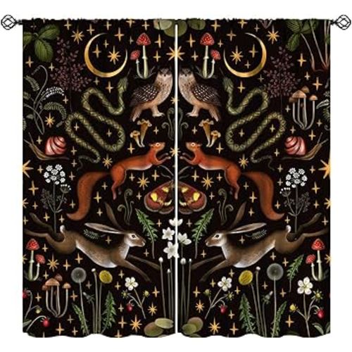 Rustic Forest Blackout Curtains Fairy Tale Forest Land Wild Animals Moths and Flowers Moon Star Background Suitable for Farmhouse Cottage Window Drapes Decoration 2 Panels 42x54 Inch