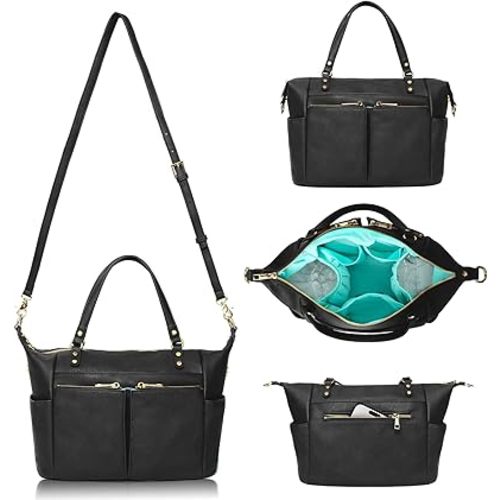MOMINSIDE Small Diaper Bag, Mini Diaper Bag Tote, Leather Diaper Bag Purse, Crossbody Diaper Bag with 13 Pockets, Diaper Clutch for Women Mom, 2 Insulated Pockets(Black)