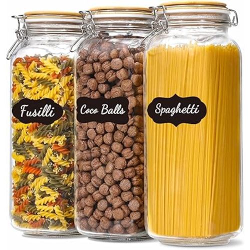 [ Taller ] 92oz Glass Jars with Airtight Lid, Large Glass Food Storage Jars, 3 Pack Wide Mouth Airtight Glass Jars for Kitchen Pantry Spaghetti, Square Mason Jars with Labels