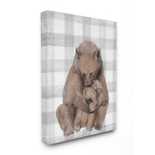 Stupell Industries Bear and Cub Nursery Illustration Grey Farmer Plaid Gallery Wrapped Canvas Wall Art, 30 x 40