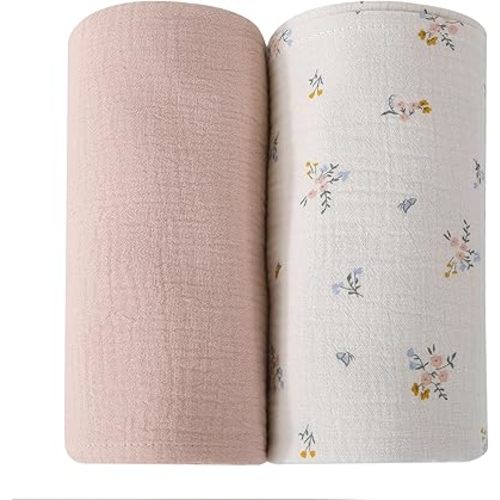 DaysU Muslin Swaddle Blankets, Receiving Blanket for Girls, Cotton Muslin Swaddling Baby Blankets for Newborns Nursery, 2 Pack, 47”x47”-Flower+Coral Pink