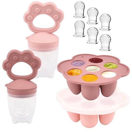 Ginbear Silicone Baby Fruit Food Feeder & Freezer Tray Set of 2, Infant Feeder Pacifiers with 6 Extra Pouches, Baby Popsicle Molds Combo 4 Months+ (Mauve/Baby Pink)