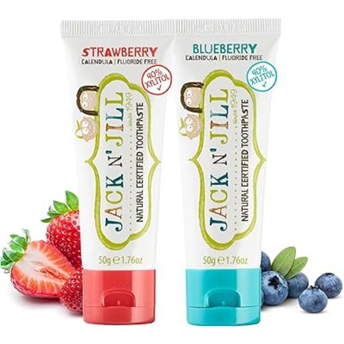 Jack N' Jill Natural Toddler Toothpaste for Baby, Kids and Infants 6 Months & Up, Fluoride Free Training Toothpaste for Toddlers 1-3, 40% Xylitol, BPA Free - Blueberry & Strawberry, 1.76 oz (2 Pack)