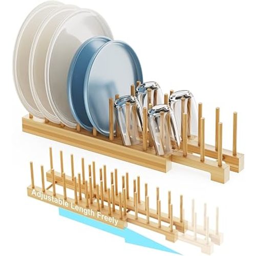 Bamboo Dish Rack - Expandable Plate Rack & Dish Drying Rack for Kitchen Cabinet Storage, Adjustable Multi-Functional Design Organizer for Plates, Bowls, Cups, Pots, Cutting Boards (Natural Bamboo)