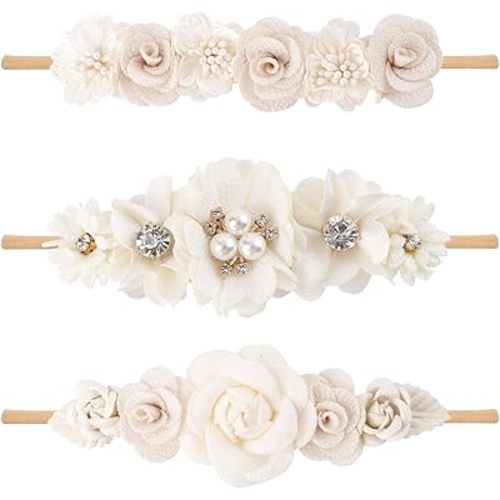 cherrboll 3pcs Baby Girl Headbands Flowers, Super Soft & Stretchy Nylon Floral Hairbands for Newborn Toddler