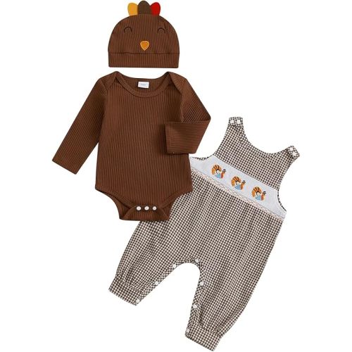 My First Thanksgiving Baby Boy Outfit Infant Little Turkey Hat Ribbed Bodysuit Overalls Pants Newborn Outfits