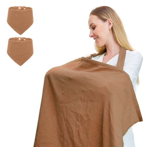 Nursing Cover for Baby Breastfeeding,Breathable Cover with Rigid Hoop for Mother Nursing Apron, Multi-use Adjustable Privacy Nursing Apron Cover,Include Two Baby Bibs,Light Brown