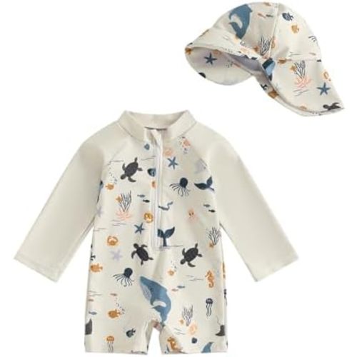 Baby Boy Rash Guard Swimsuit Set with Sun Hat, Long Sleeve One Piece Zipper Sunsuit for Infant Toddler 0-3T