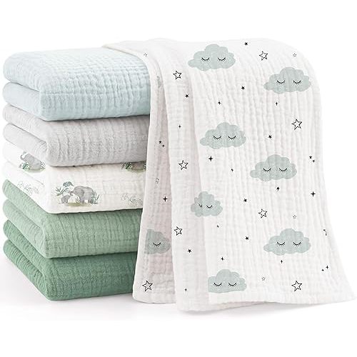 Bearmoss 6 Pack Muslin Burp Cloths for Baby, 100% Cotton Soft Large Burping Cloths for Unisex, Boy, Girl, 23.6" X 23.6" Newborn Essentials Absorbent Milk Spit Up Rags (Green Gray)