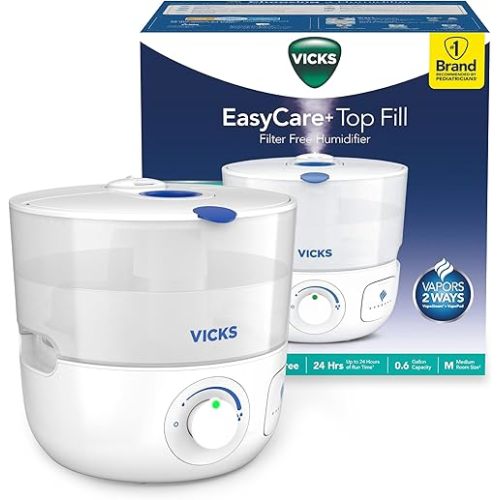 Vicks EasyCare Plus Top Fill Filter-Free Cool Mist Humidifier, Small Room–For Vapors 2 Ways –Works with Vicks VapoPads and VapoSteam, White