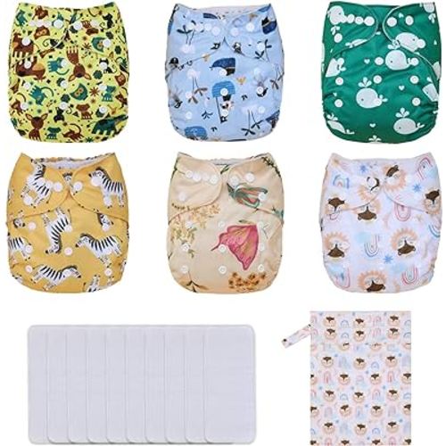 Cloth Diapers Washable Reusable One Size Adjustable for Baby 6 Pack with 10 Inserts, 1 Wet Bag