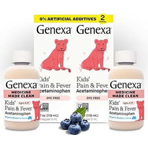 Genexa Kids’ Clean Pain & Fever Acetaminophen, Dye Free, 0% Artificial Additives, Delicious Organic Blueberry Flavor, Liquid Oral Suspension Medicine, Children 2-11, 160 mg per 5mL, 8 fl oz (2 Pack)