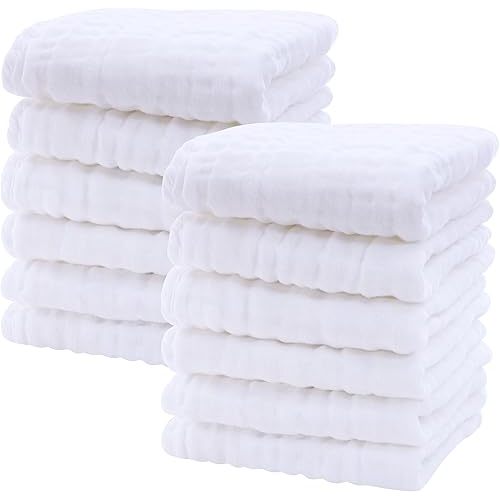 SWEET DOLPHIN 12 Pack Baby Muslin Washcloths - Soft Face Cloths for Newborn, Absorbent Bath Wash Cloths, Wipes, Burp Rag - Toddlers Essentials Stuff, Baby Registry as Shower -10"x10", White